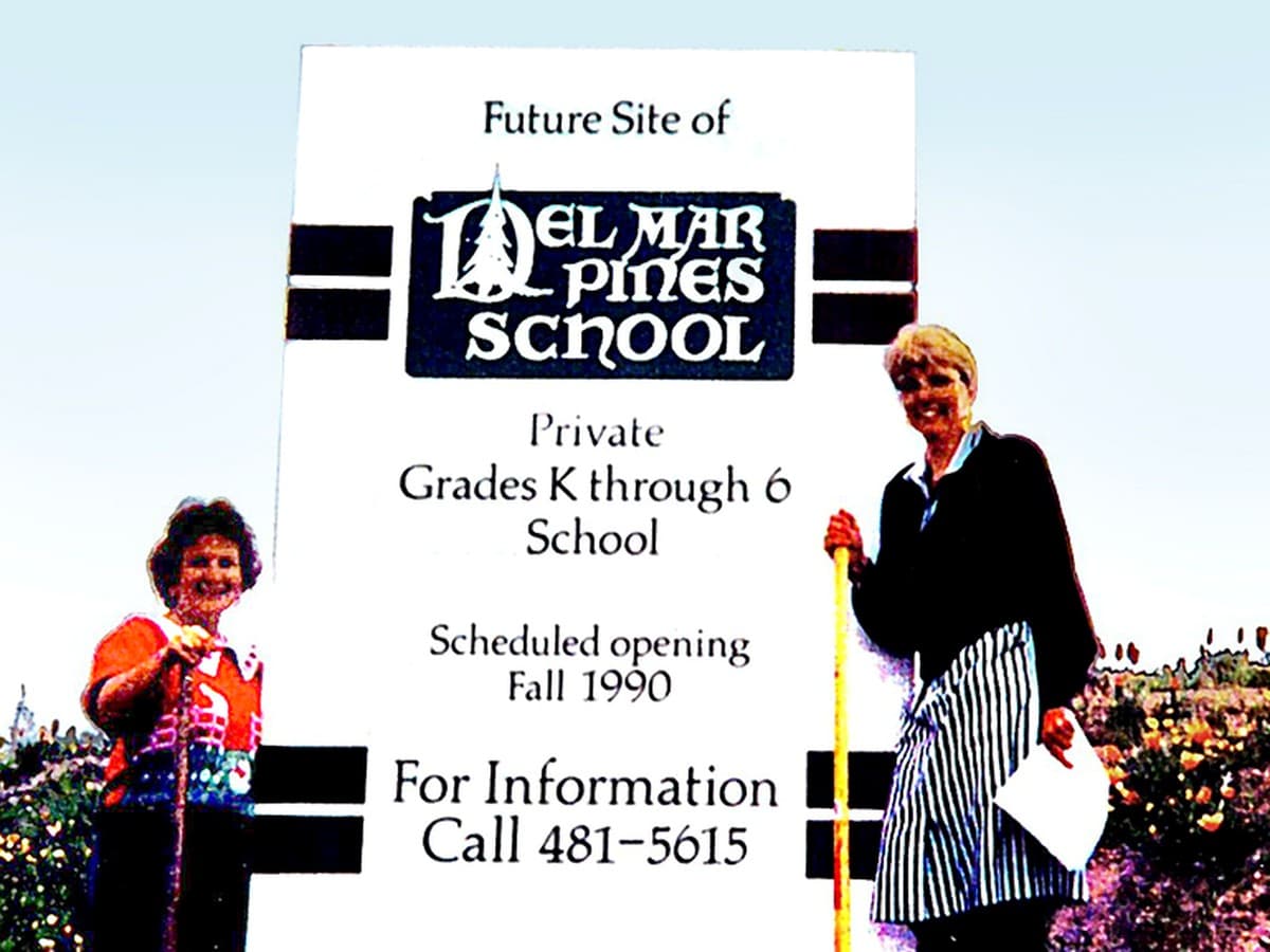 Judi Panton and Wini Rassmussen break ground at the future site of Del Mar Pines School, 1989