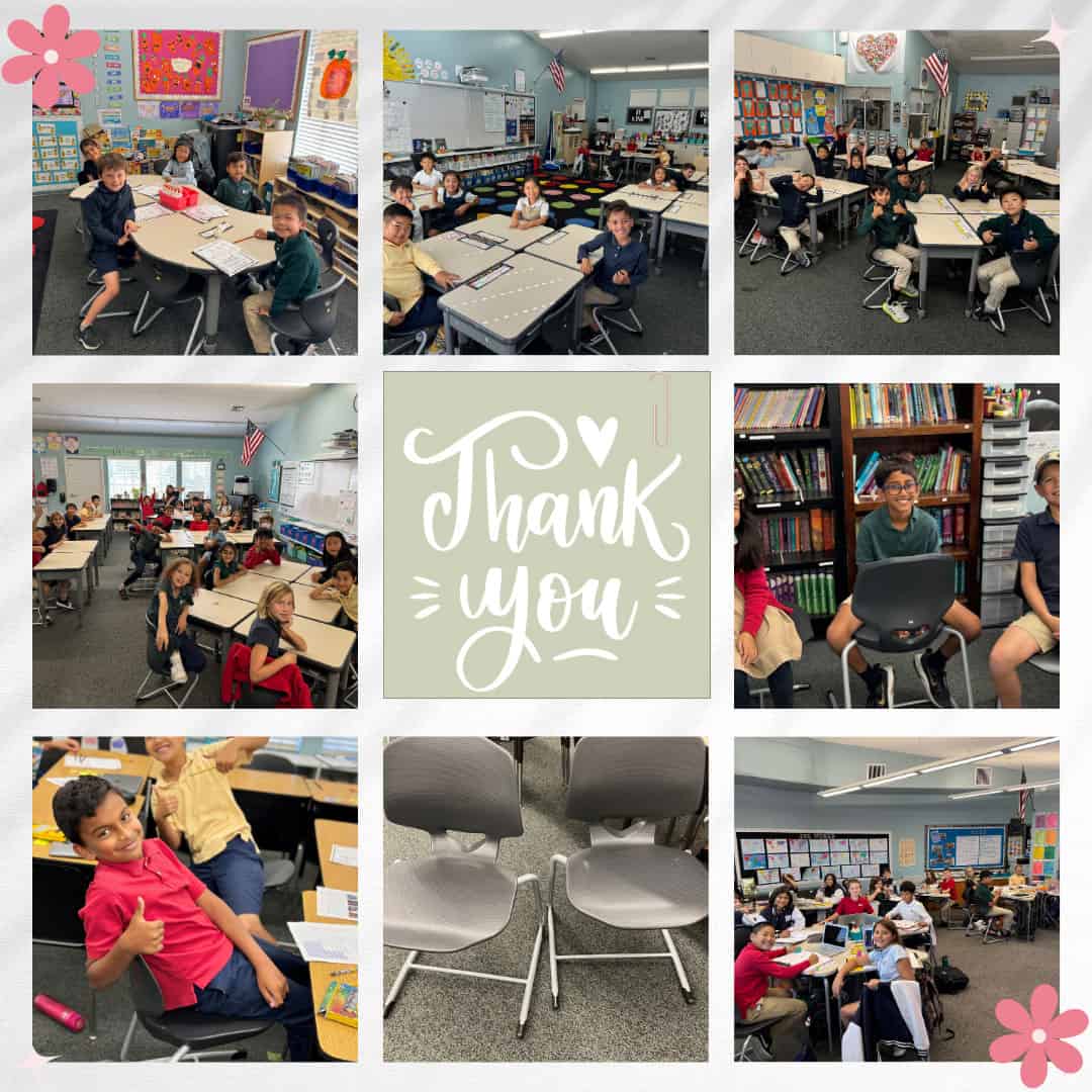 Collage of chairs and tables from the DMP foundation with a large 'thank you' in the middle