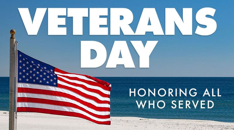 US flag by a white-sand beach with the text Veteran's Day