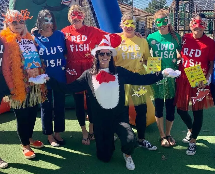 Del Mar Pines school teachers dressed in colorful costumes inspired by Dr. Seuss's "One Fish Two Fish Red Fish Blue Fish"