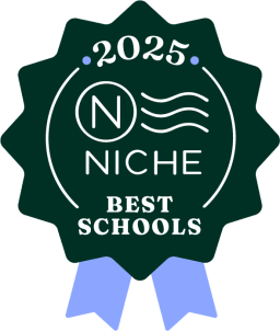 A dark green badge with a blue ribbon at the bottom, displaying "2025 Niche Best Schools" in white text, along with the Niche logo.